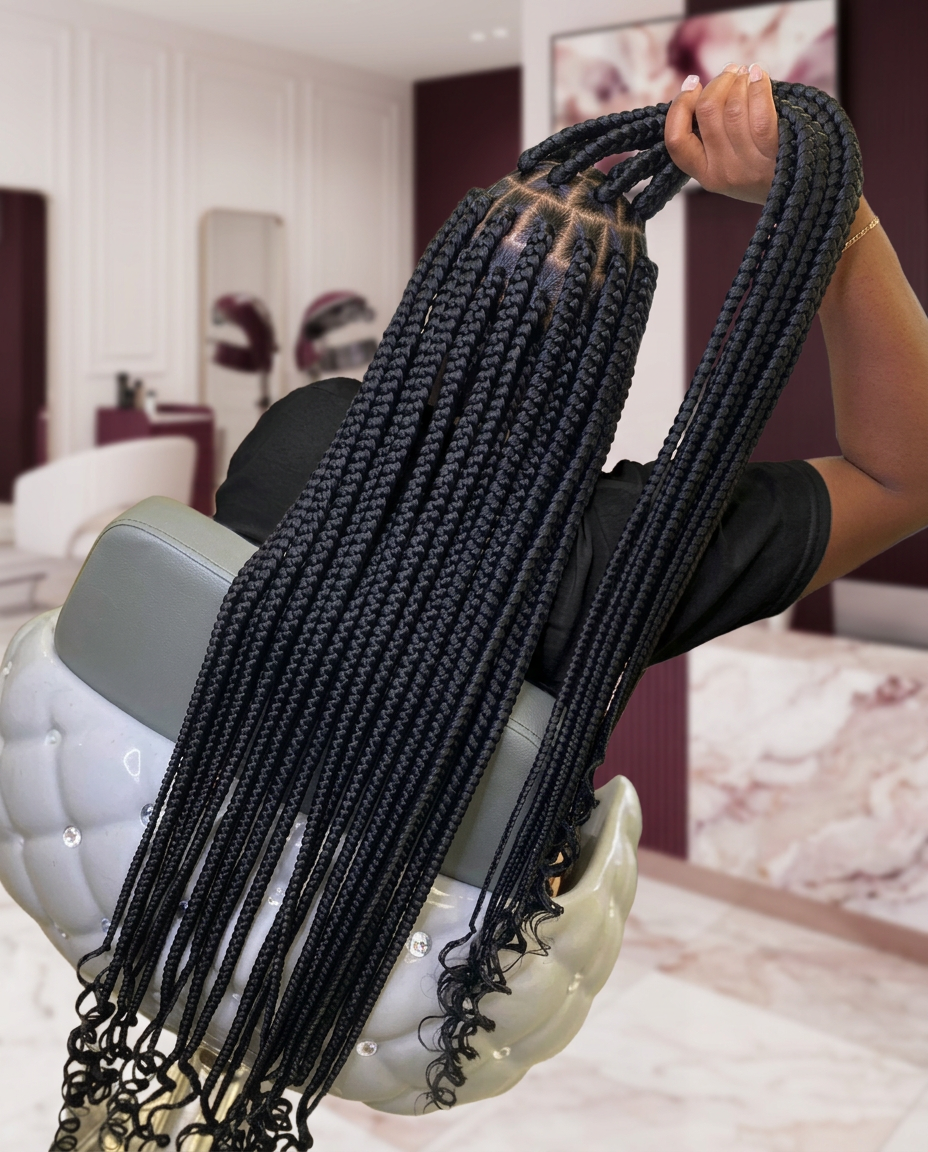 Extra-long black knotless braids with curled ends